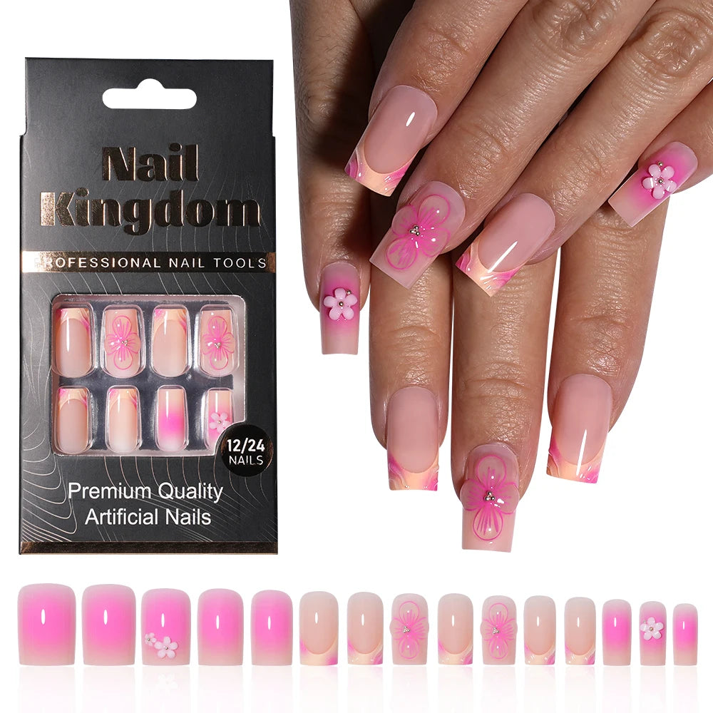 Wholesale Private Label 30pcs Acrylic 3D Luxury False Nails French Flower Design Short Square Press on Nails for Nail Art Salon