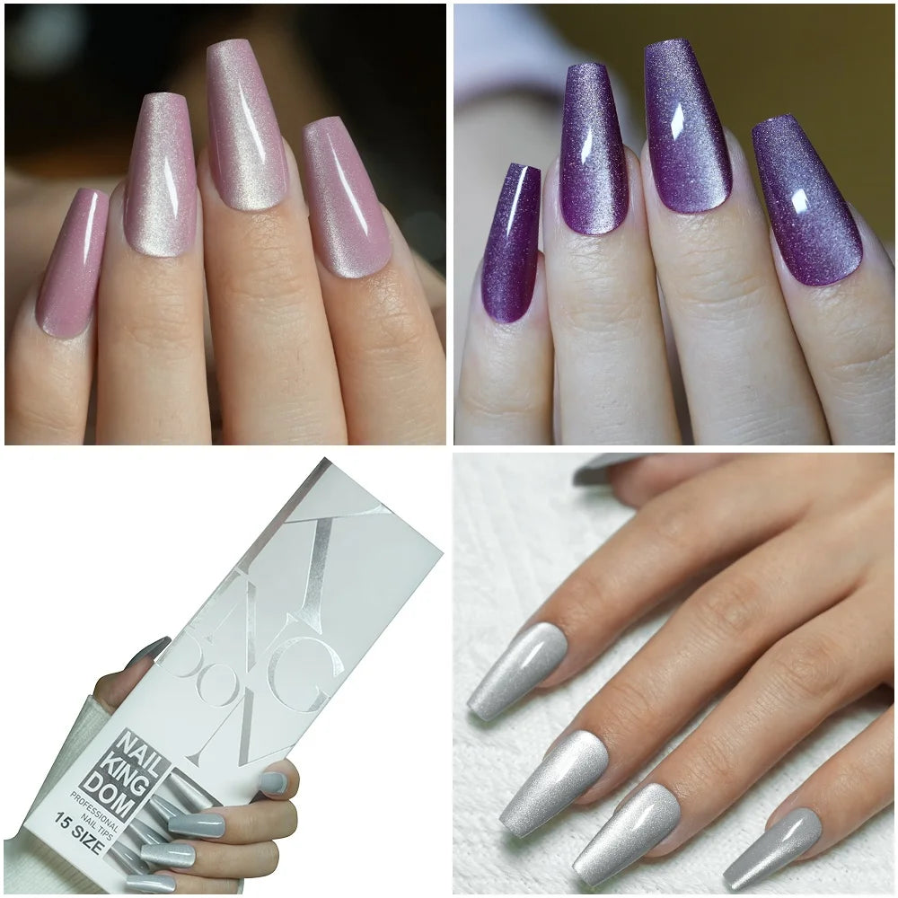 Wholesale OEM 120PCS Pink Purple Gray Cat Eye False Nails Design Luxury Glitter Cat Eye Solid Color Handmade Press on Nails Set