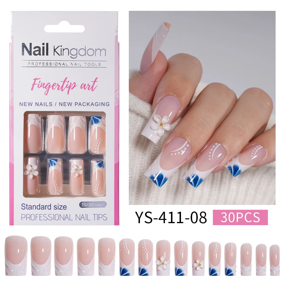 Nail Supplier Custom 30PCS Acrylic Designed Press on Nails Art Handmade Medium Square 3D Flower Gel French Press on Nails
