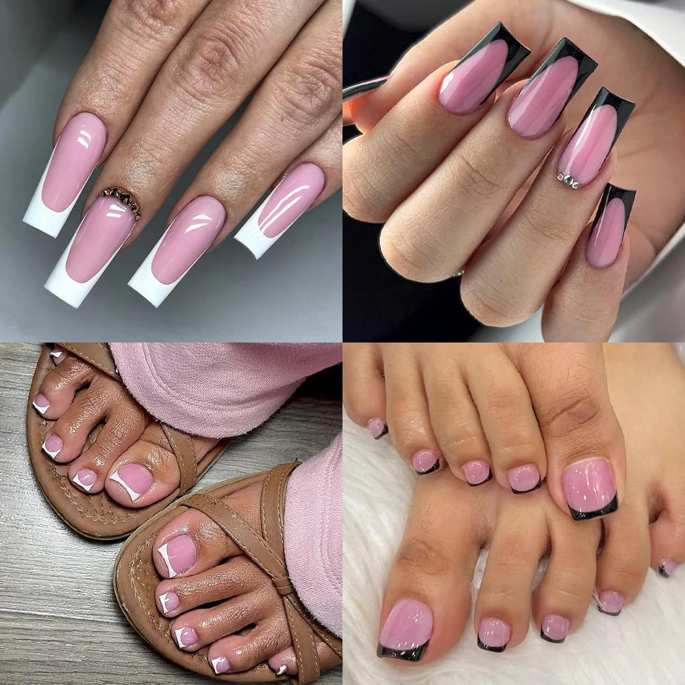 Factory Fake French Toenails Hand Nails Set 60pcs French White Black Tips Square French Soft Press on Acrylic Nails Set