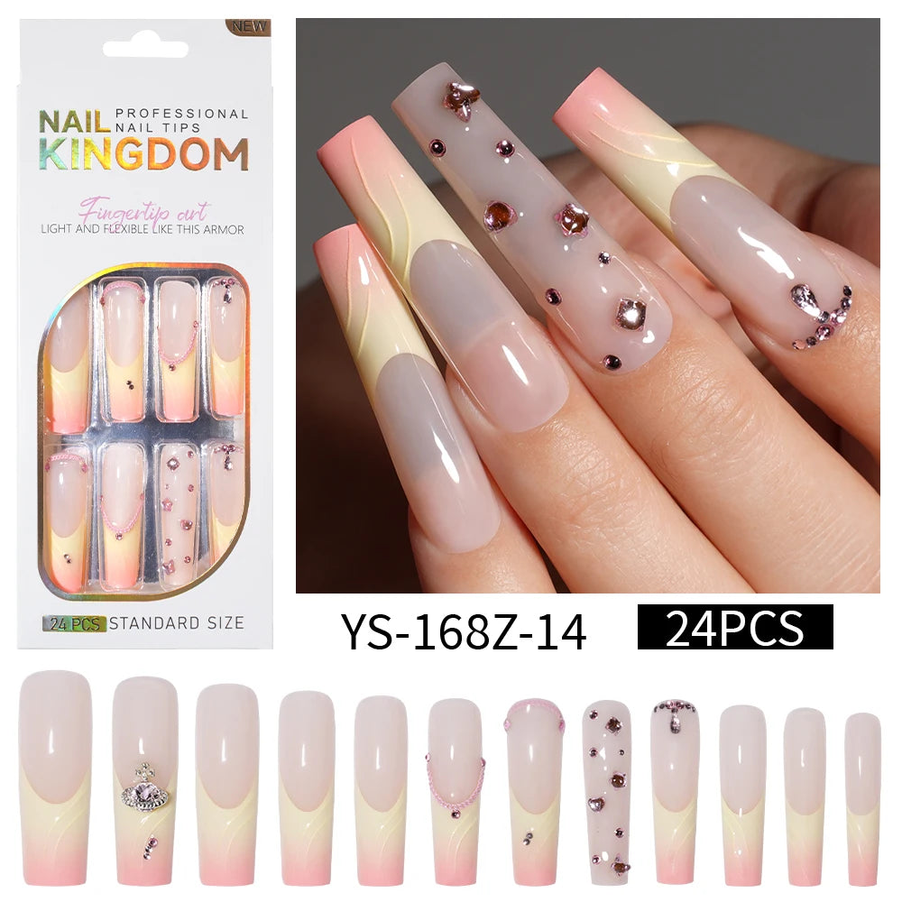 Private Label Wholesale Custom 24pcs French Style Press on Nail Long Square Rhinestone Luxury Press on Nails With Diamond