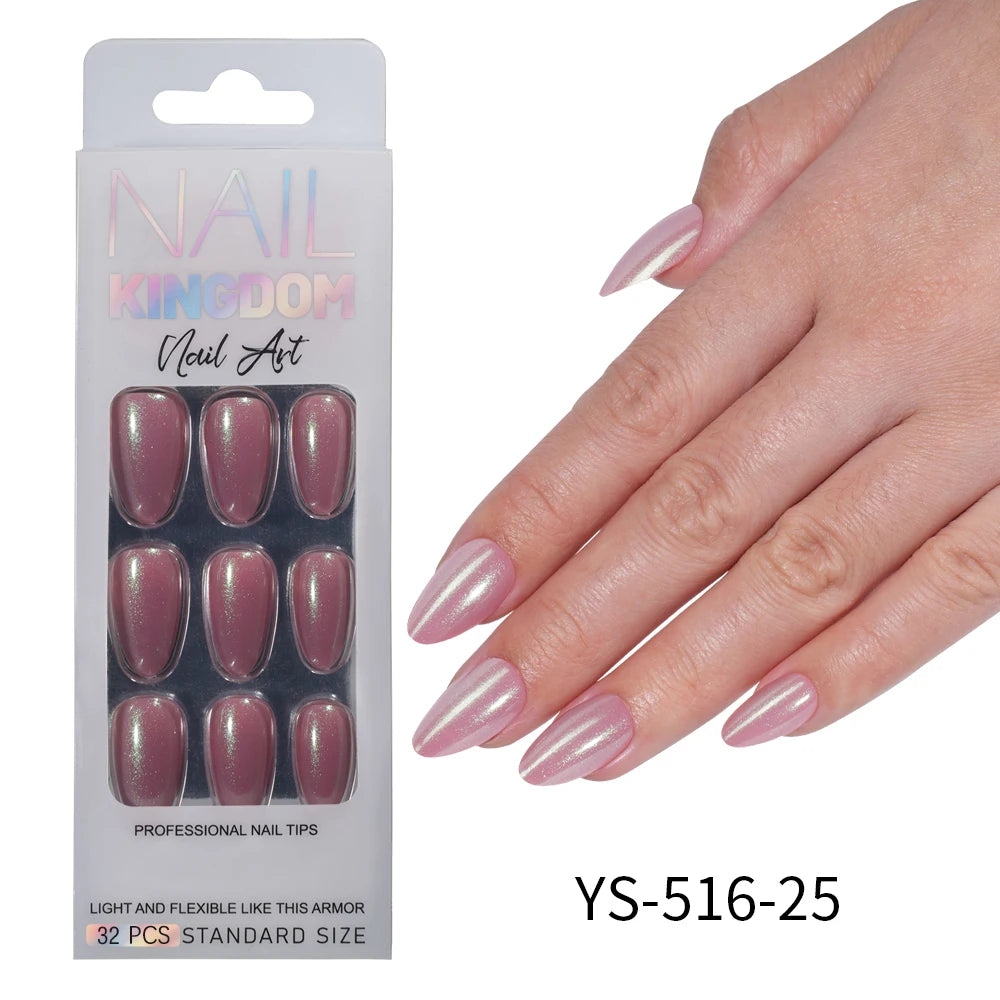 Nail Factory Custom 32pcs/30pcs Handmade Gel Nails Press on Full Cover Solid Color Aurora Glitter Almond Press on Nail Tips