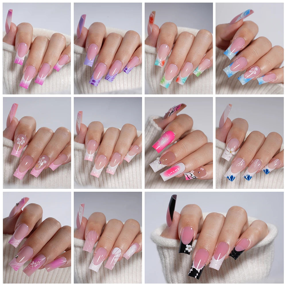 Custom Designed Luxury Diamond False Nails Full Cover Medium Square Handmade 3D Flower Rhinestone Gel French Press on Nails