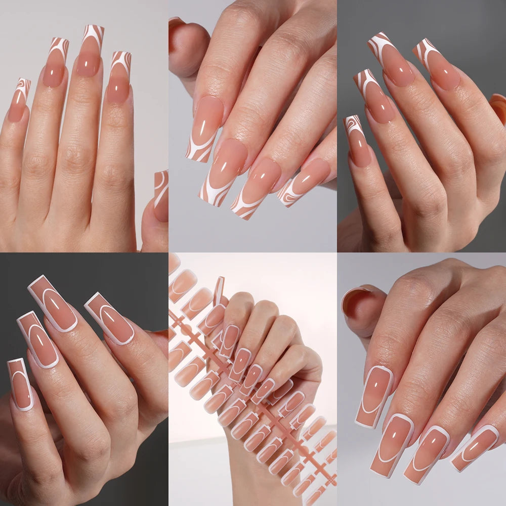120PCS/Bag French Artificial Fingernails Custom Logo Nude Color Full Cover Long Square False Nails French Press on Nails