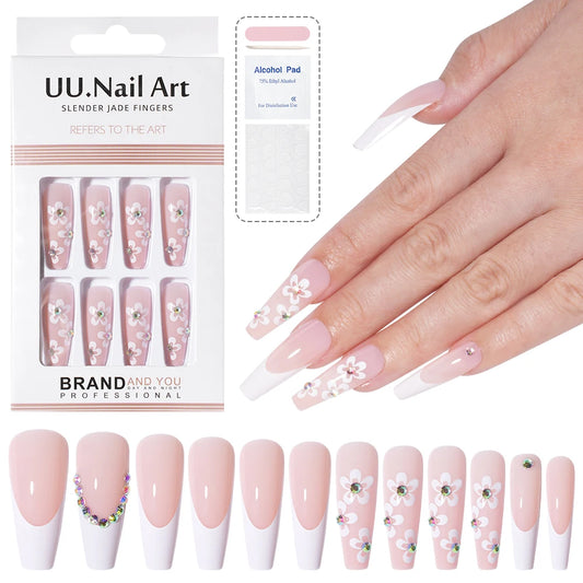 Wholesale Diy French Nail Art Design Press on Nail Long Coffin 3D Diamond Flower Luxury French Press on Nails with Jelly Glue