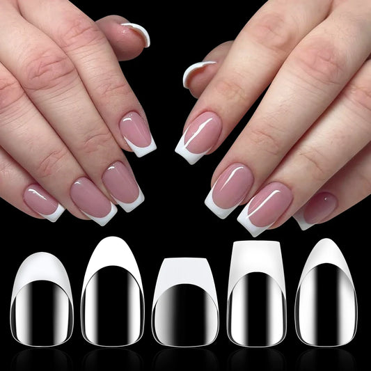 Nail Kingdom 15sizes 120pcs White French Soft Gel Press on Nails and Gel X Coat Pre-made Full Cover Almond Nail Tips