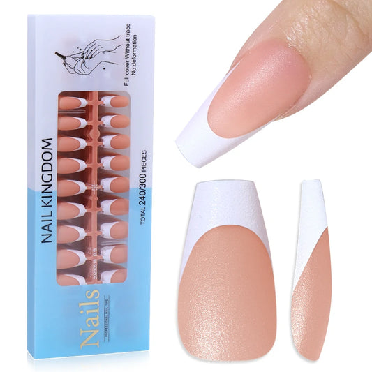 240pcs French Gel X Tips Press on Long Almond False Nails Premade Designed X Coat Tips Full Cover French Tip Press on Nails