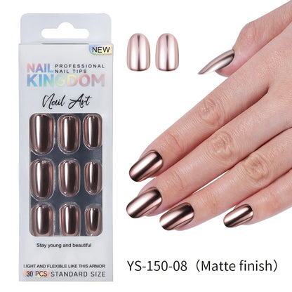 Custom Private Label 24pcs Short Round Solid Color Glittery Mirror False Nails Matte or Mirror Effect Press on Nails Set