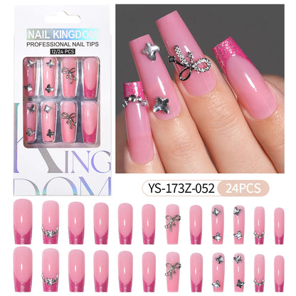 Manufacturer Direct Supply 24pcs Luxury Decorated False Nails Long Coffin Handmade 3d Gel Nail Art French Press on Nails