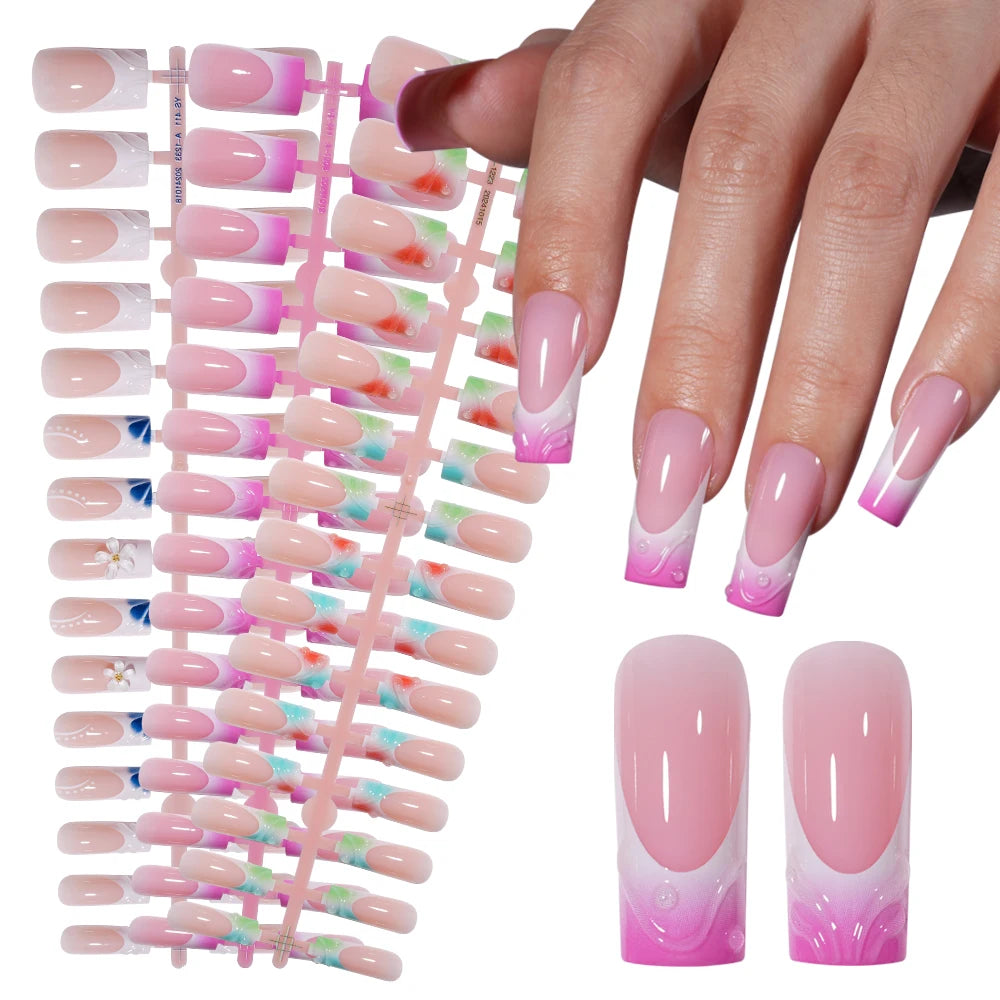 Custom Designed Luxury Diamond False Nails Full Cover Medium Square Handmade 3D Flower Rhinestone Gel French Press on Nails