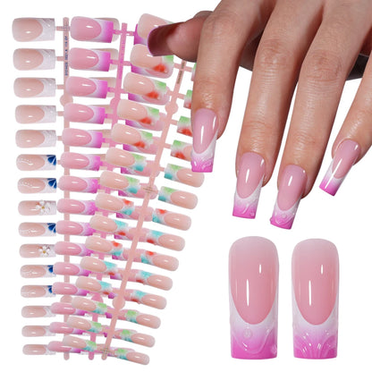 Custom Designed Luxury Diamond False Nails Full Cover Medium Square Handmade 3D Flower Rhinestone Gel French Press on Nails