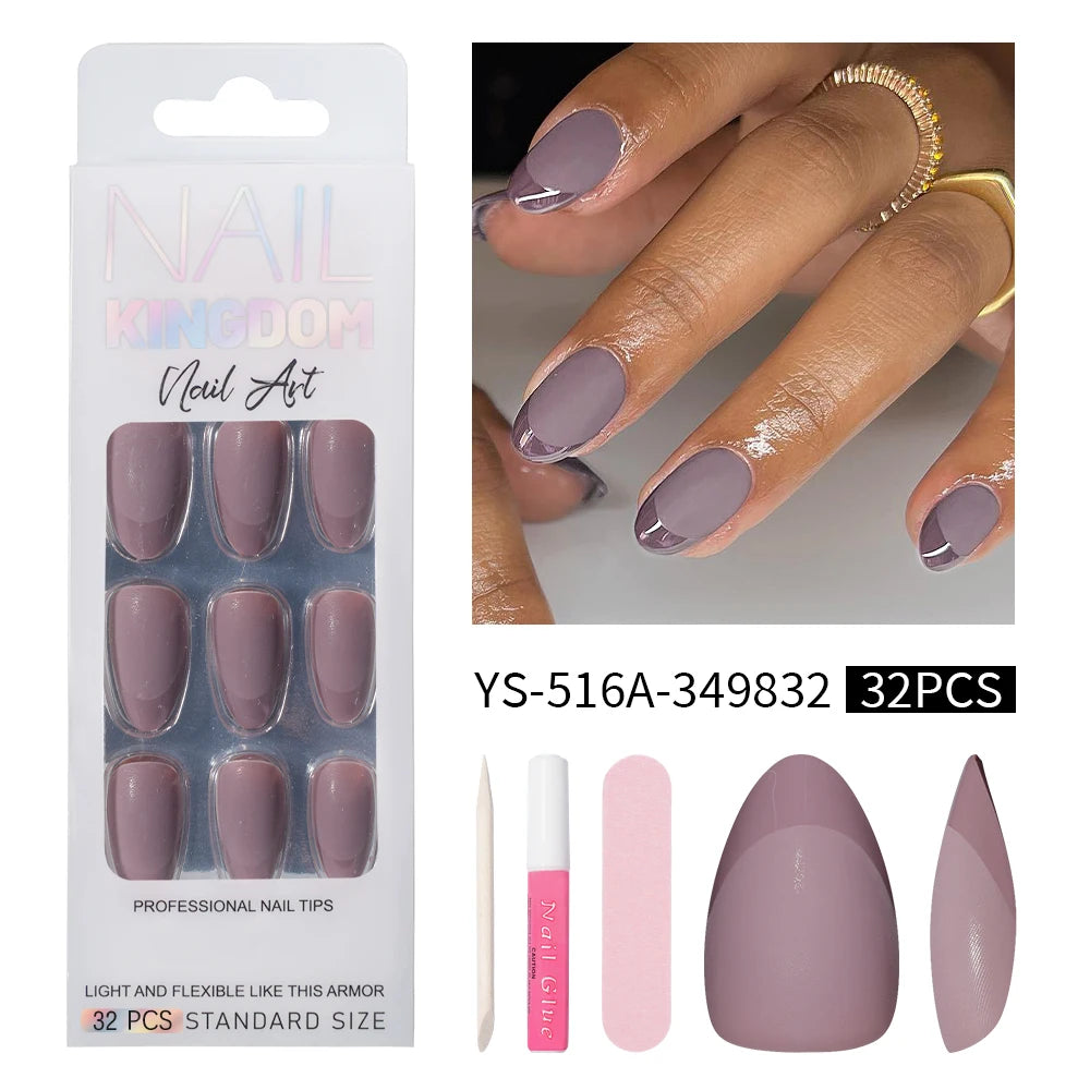Wholesale 32PCS French Nails Press on Red Black Pink Color Short Almond Half Matte Press on Nails French Glitter Tip