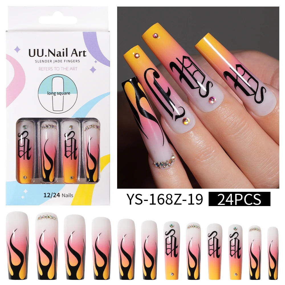 Private Label Wholesale Custom 24pcs French Style Press on Nail Long Square Rhinestone Luxury Press on Nails With Diamond