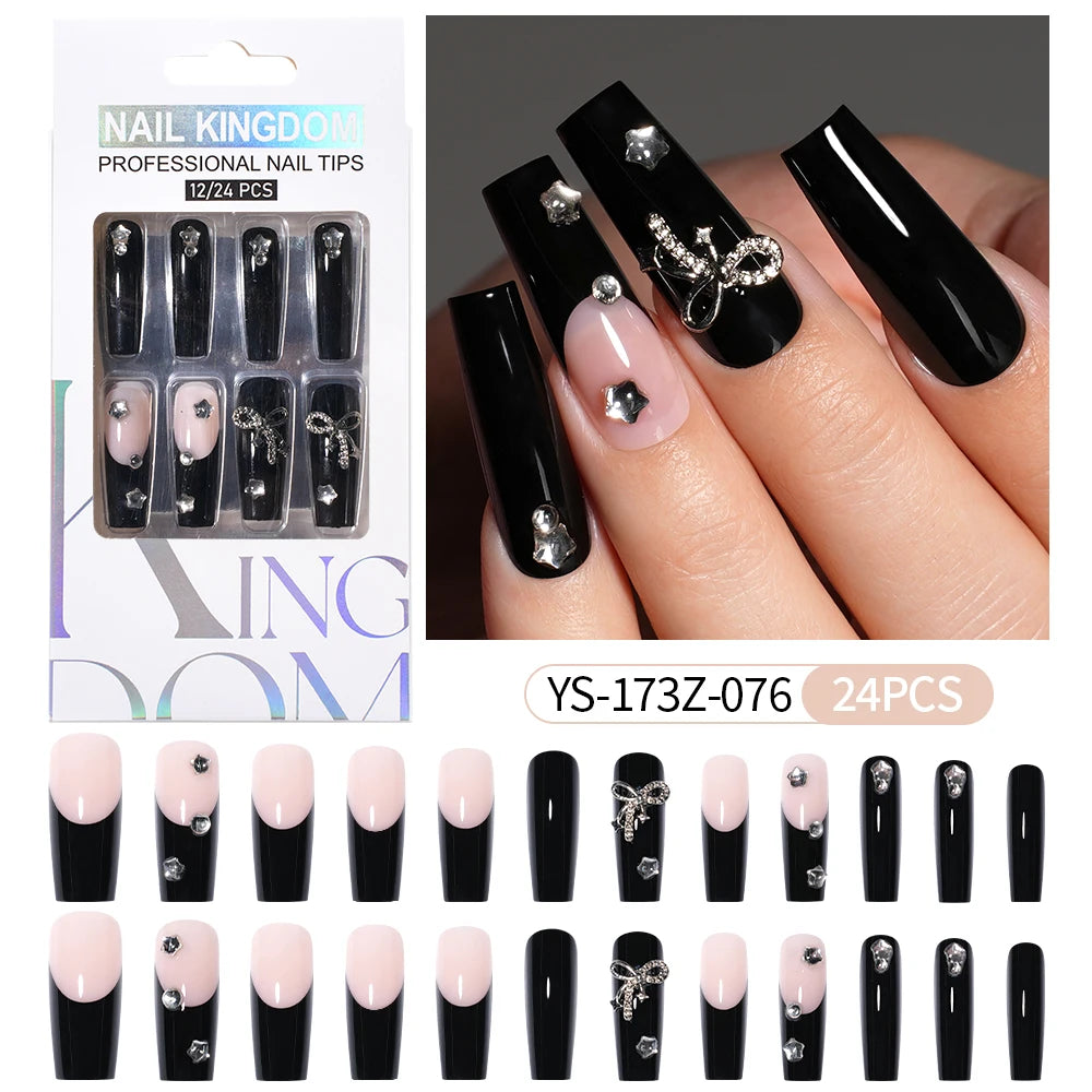 Manufacturer Direct Supply 24pcs Luxury Decorated False Nails Long Coffin Handmade 3d Gel Nail Art French Press on Nails