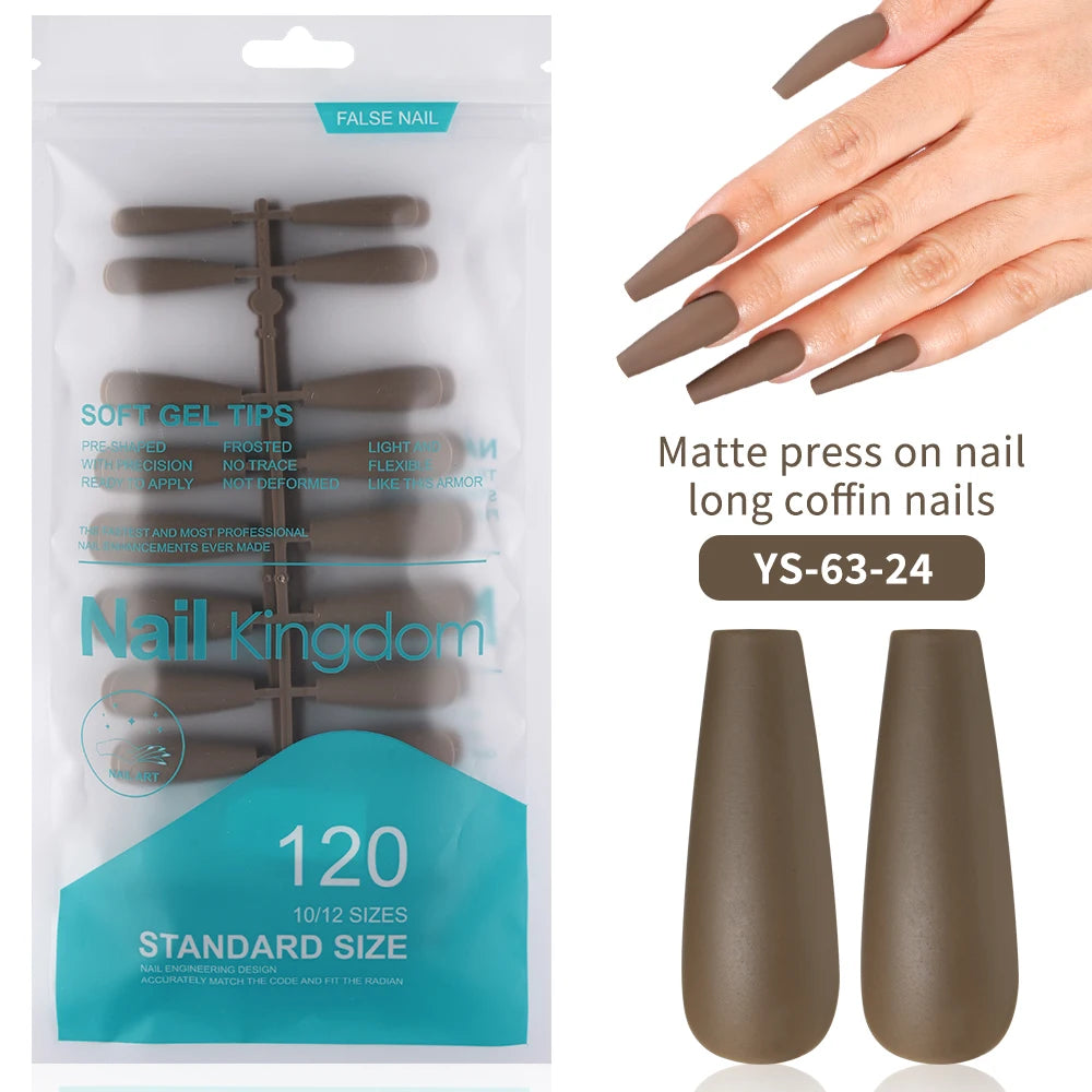 Factory Supplying False Nail Full Cover Waterproof Long Coffin Matte Rainbow Solid Colors Nails Tips Designer Press on Nails