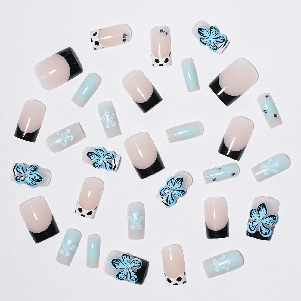 Wholesale Private Label 30pcs Acrylic 3D Luxury False Nails French Flower Design Short Square Press on Nails for Nail Art Salon