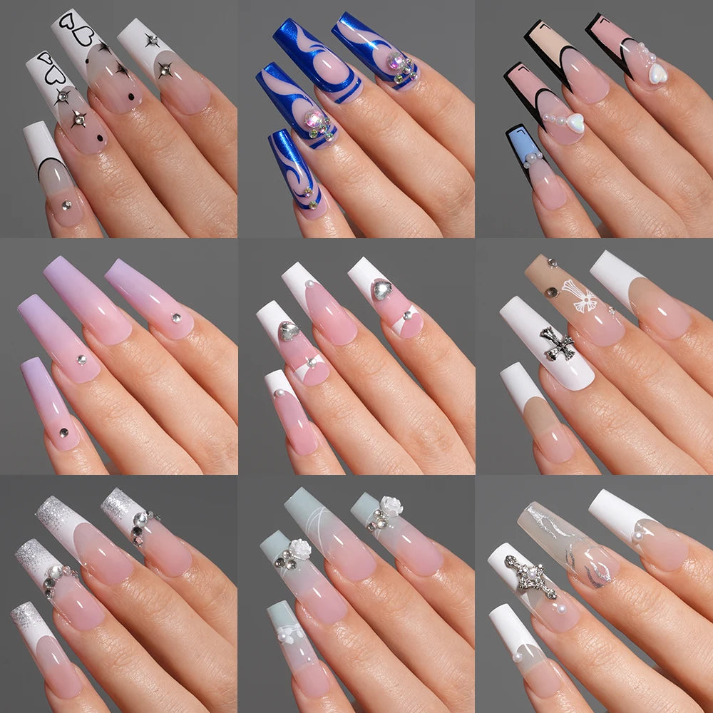 Manufacturer Direct Supply 24pcs Luxury Decorated False Nails Long Coffin Handmade 3d Gel Nail Art French Press on Nails