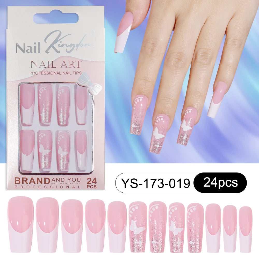 Wholesale Custom 24pcs Reusable Handmade Long Square Luxury French Tip Press on Nails for Nails Supplies Salon with Nail Tools