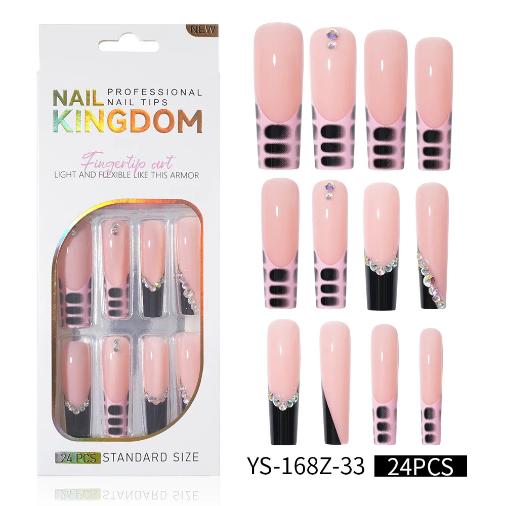 Private Label Wholesale Custom 24pcs French Style Press on Nail Long Square Rhinestone Luxury Press on Nails With Diamond