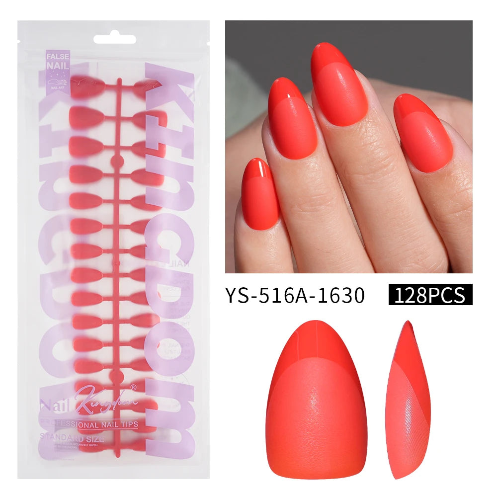 Wholesale 128PCS French Nails Press on Red Black Pink Solid Color Short Almond Half Matte Press on Nails French Glitter Tip