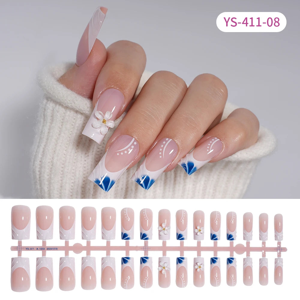 Custom Designed Luxury Diamond False Nails Full Cover Medium Square Handmade 3D Flower Rhinestone Gel French Press on Nails