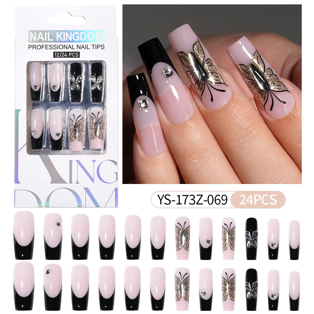 Manufacturer Direct Supply 24pcs Luxury Decorated False Nails Long Coffin Handmade 3d Gel Nail Art French Press on Nails