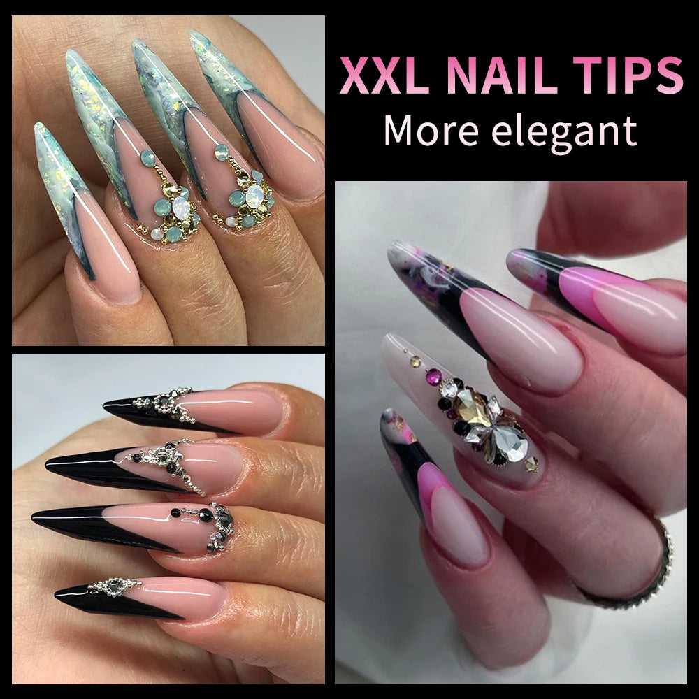 New Design OEM Long Stiletto False Nails 504pcs 12sizes Half Cover Soft Gel Traceless Natural Clear XXL Stiletto Nail Tips