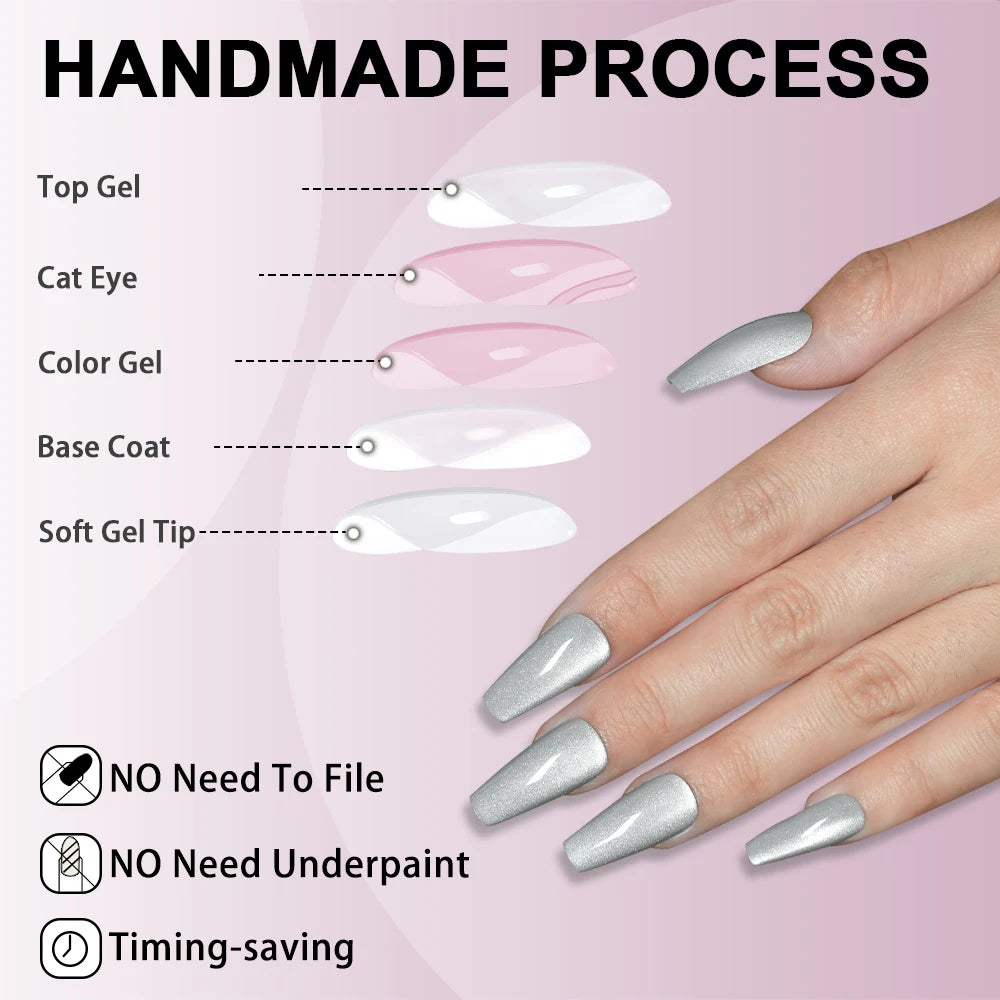 Wholesale OEM 120PCS Pink Purple Gray Cat Eye False Nails Design Luxury Glitter Cat Eye Solid Color Handmade Press on Nails Set