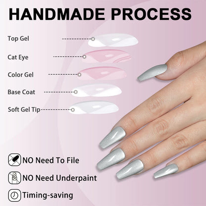 Wholesale OEM 120PCS Pink Purple Gray Cat Eye False Nails Design Luxury Glitter Cat Eye Solid Color Handmade Press on Nails Set