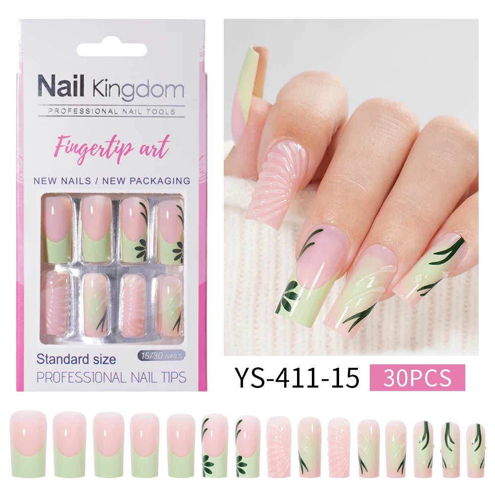 Nail Supplier Custom 30PCS Acrylic Designed Press on Nails Art Handmade Medium Square 3D Flower Gel French Press on Nails