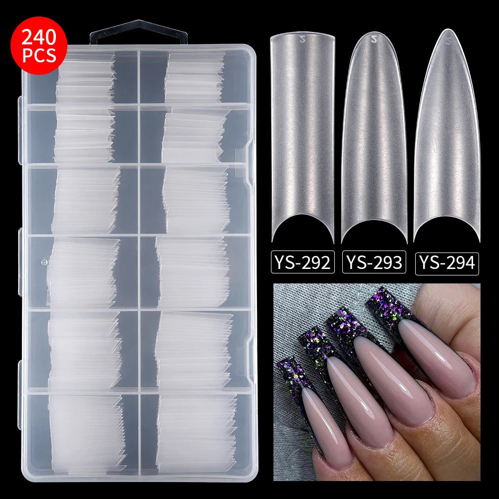 Wholesale ODM OEM Long Stiletto False Nails 240pcs 12sizes Traceless Half Cover Clear Long Stiletto Square Round Matte Nail Tips