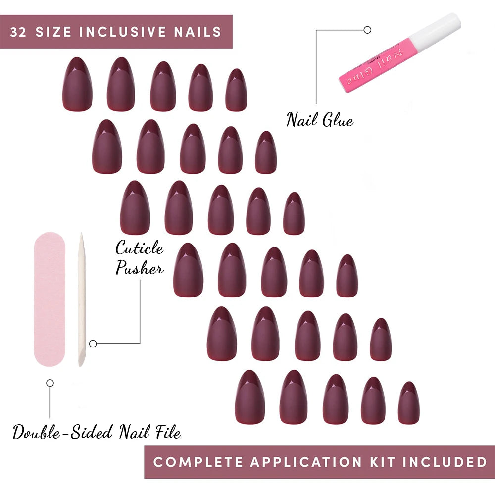 Wholesale 32PCS French Nails Press on Red Black Pink Color Short Almond Half Matte Press on Nails French Glitter Tip