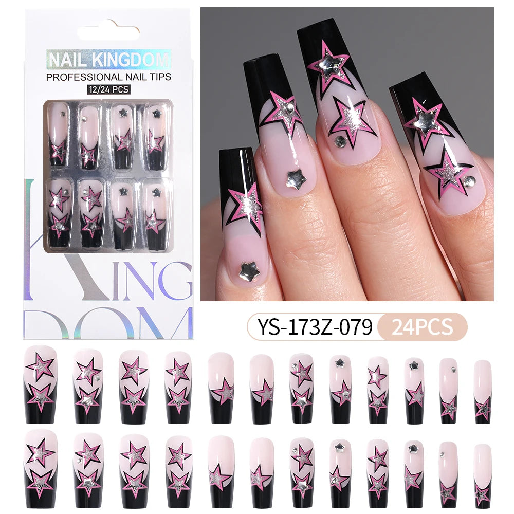 Manufacturer Direct Supply 24pcs Luxury Decorated False Nails Long Coffin Handmade 3d Gel Nail Art French Press on Nails