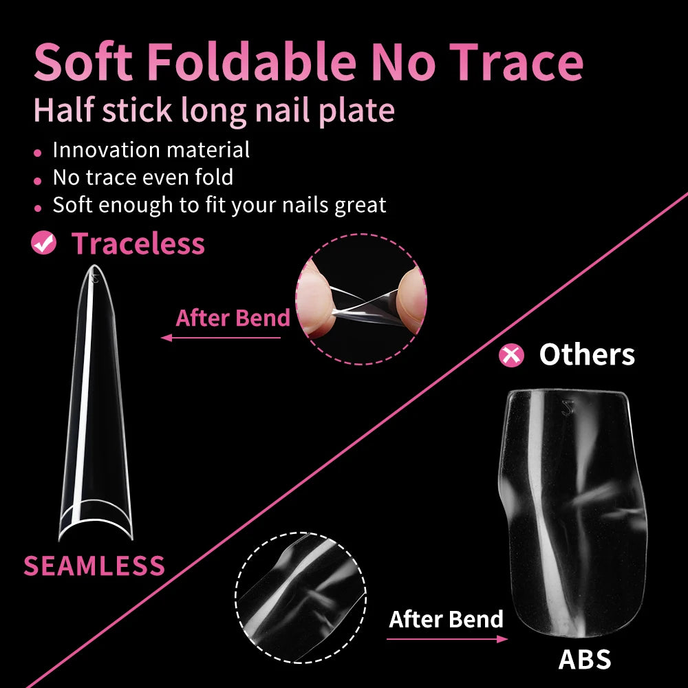 New Design OEM Long Stiletto False Nails 504pcs 12sizes Half Cover Soft Gel Traceless Natural Clear XXL Stiletto Nail Tips