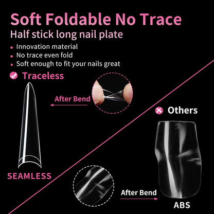 New Design OEM Long Stiletto False Nails 504pcs 12sizes Half Cover Soft Gel Traceless Natural Clear XXL Stiletto Nail Tips