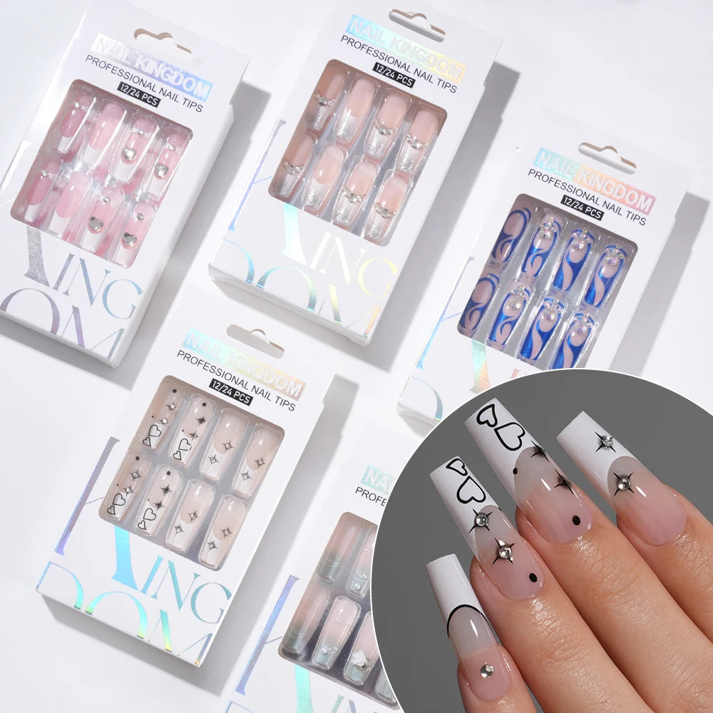 Manufacturer Direct Supply 24pcs Luxury Decorated False Nails Long Coffin Handmade 3d Gel Nail Art French Press on Nails
