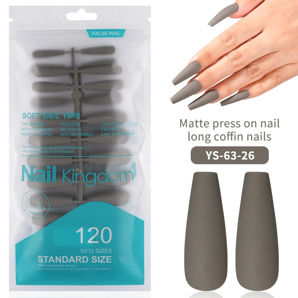 Factory Supplying False Nail Full Cover Waterproof Long Coffin Matte Rainbow Solid Colors Nails Tips Designer Press on Nails