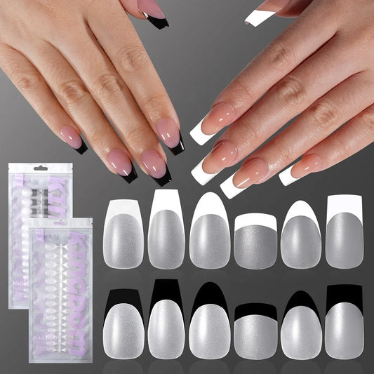 Nail Manufacturer OEM 120pcs French Design Full Matte French Medium Short Ballerina Almond Oval Coffin French Tip Press on Nails