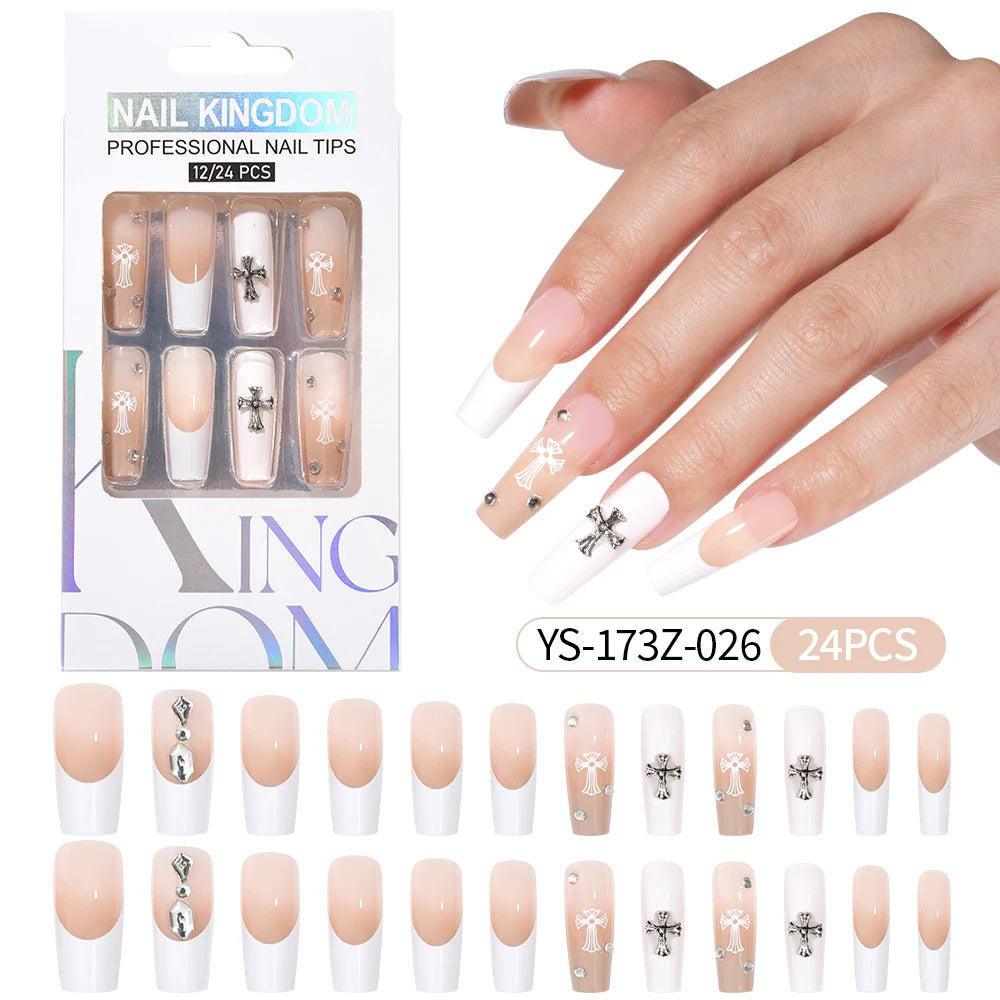 Manufacturer Direct Supply 24pcs Luxury Decorated False Nails Long Coffin Handmade 3d Gel Nail Art French Press on Nails
