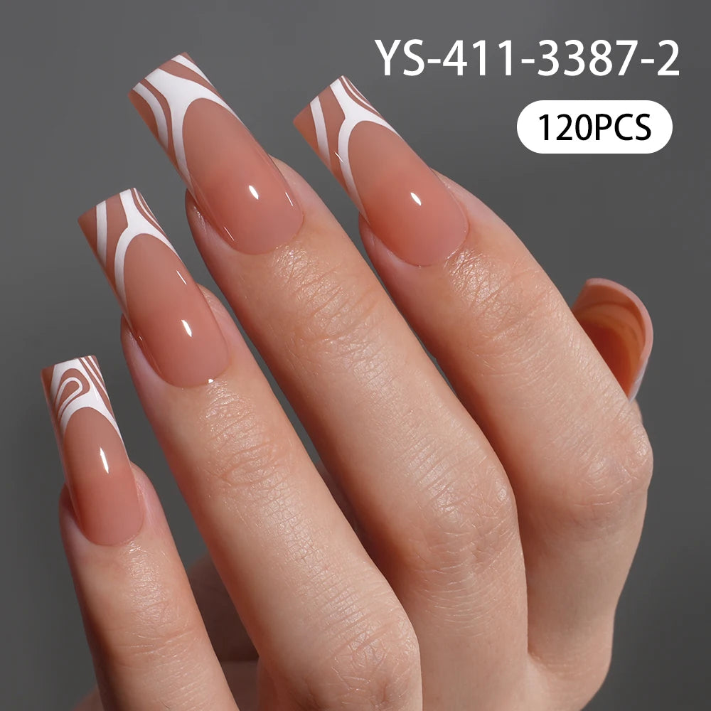 120PCS/Bag French Artificial Fingernails Custom Logo Nude Color Full Cover Long Square False Nails French Press on Nails