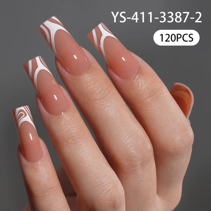 120PCS/Bag French Artificial Fingernails Custom Logo Nude Color Full Cover Long Square False Nails French Press on Nails