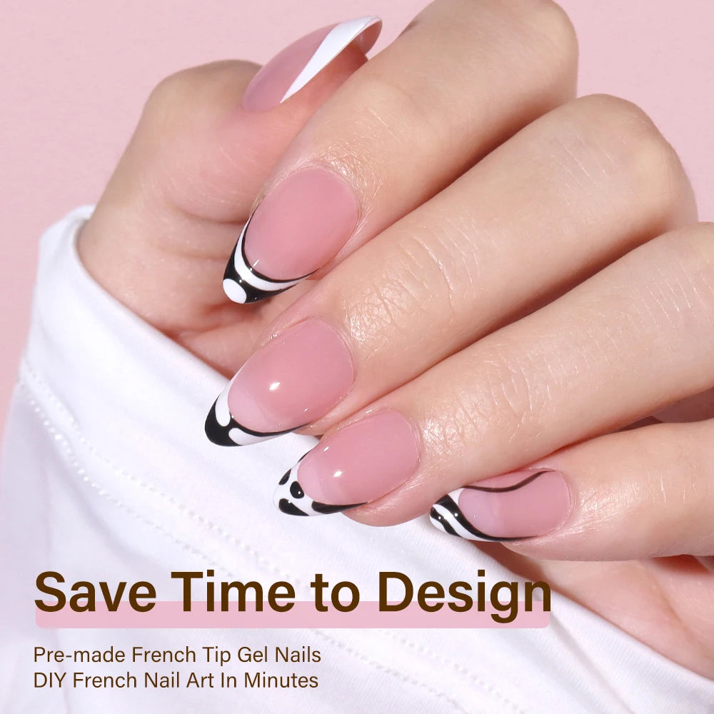 240pcs French Gel X Tips Press on Long Almond False Nails Premade Designed X Coat Tips Full Cover French Tip Press on Nails