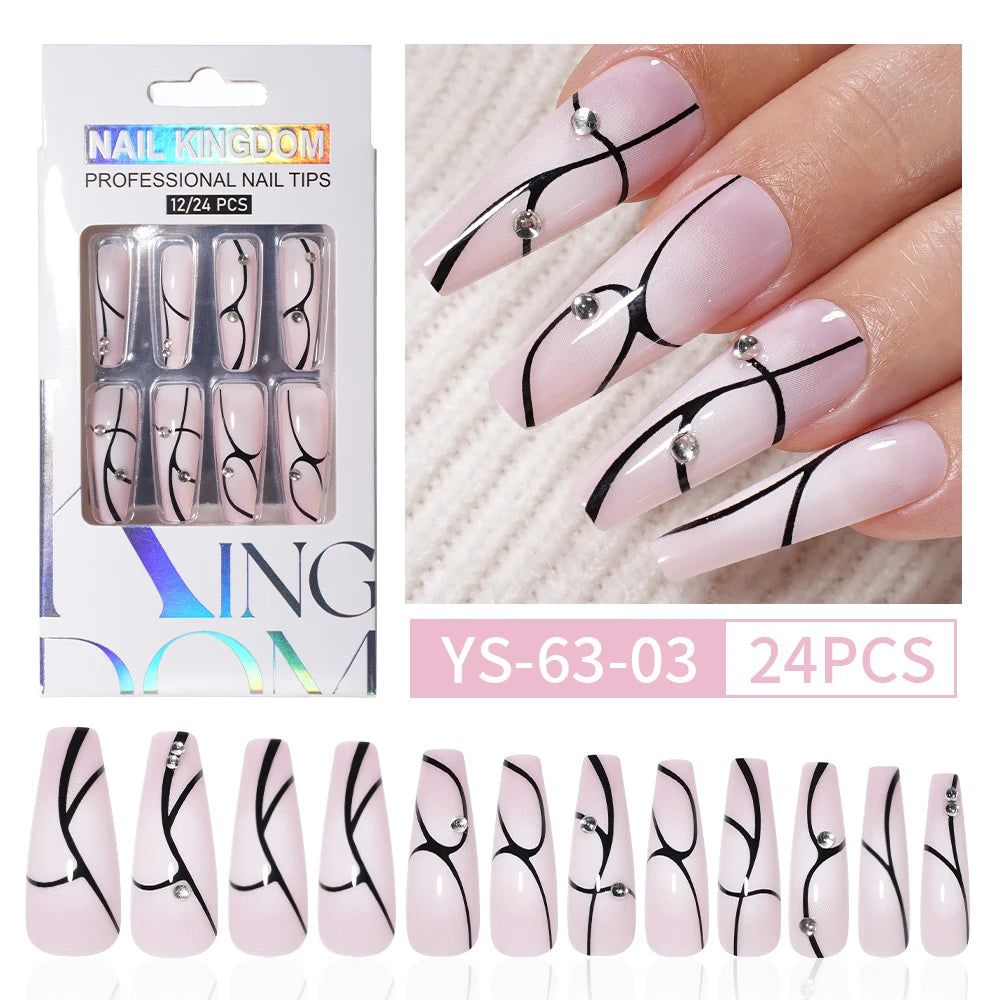 Wholesale Diy French Nail Art Design Press on Nail Long Coffin 3D Diamond Flower Luxury French Press on Nails with Jelly Glue