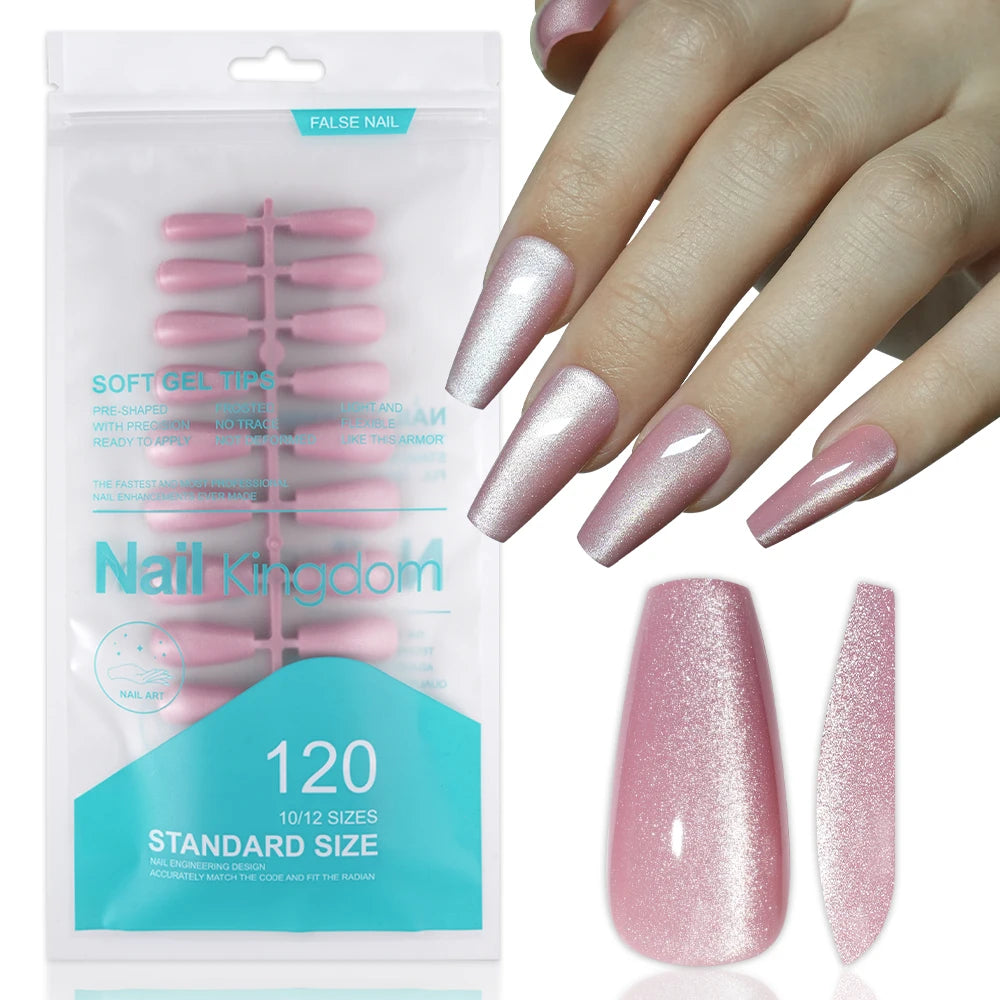 Wholesale OEM 120PCS Pink Purple Gray Cat Eye False Nails Design Luxury Glitter Cat Eye Solid Color Handmade Press on Nails Set