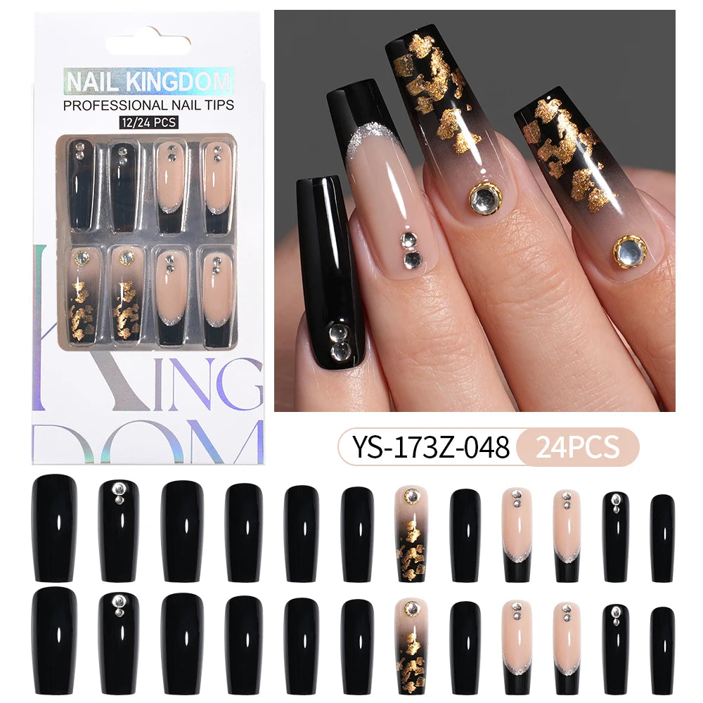 Manufacturer Direct Supply 24pcs Luxury Decorated False Nails Long Coffin Handmade 3d Gel Nail Art French Press on Nails