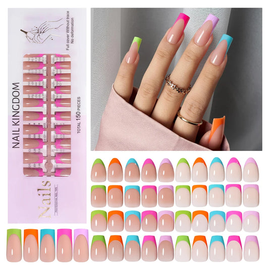 Nail Supplier Custom Wholesale 150PCS Press on French Nails Square Full Cover Wearable Colorful Press on Nails French Tip