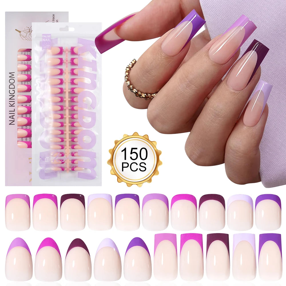 150PCS French Tip Press-On Nail Art Long Square Almond Full Cover Purple Solid Color for Finger Application Nail Supplier
