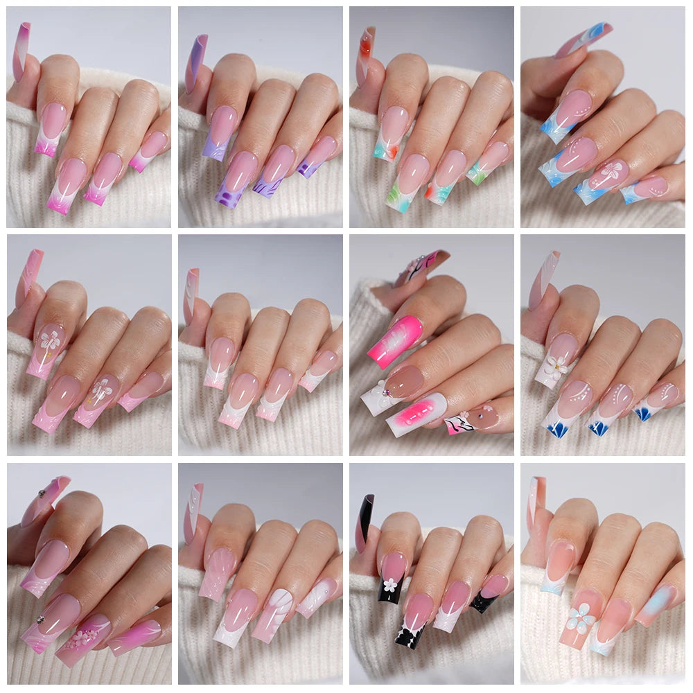 Nail Supplier Custom 30PCS Acrylic Designed Press on Nails Art Handmade Medium Square 3D Flower Gel French Press on Nails