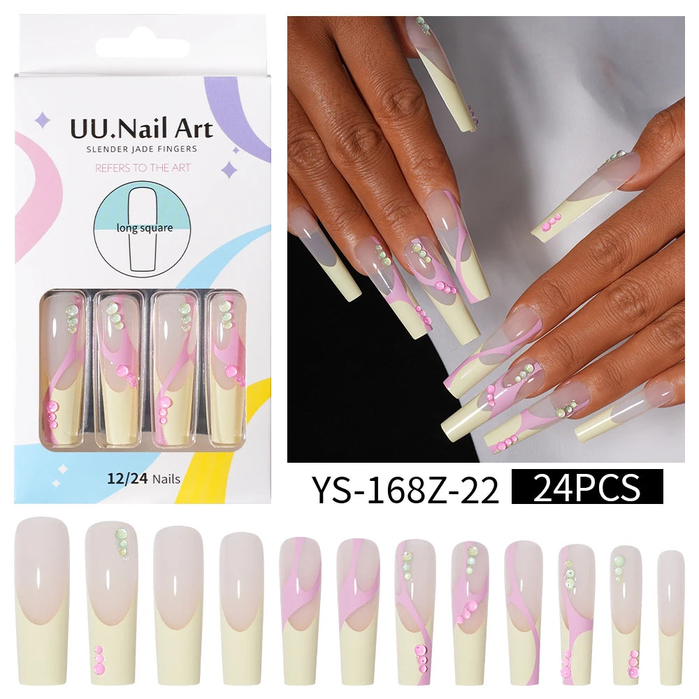 Private Label Wholesale Custom 24pcs French Style Press on Nail Long Square Rhinestone Luxury Press on Nails With Diamond