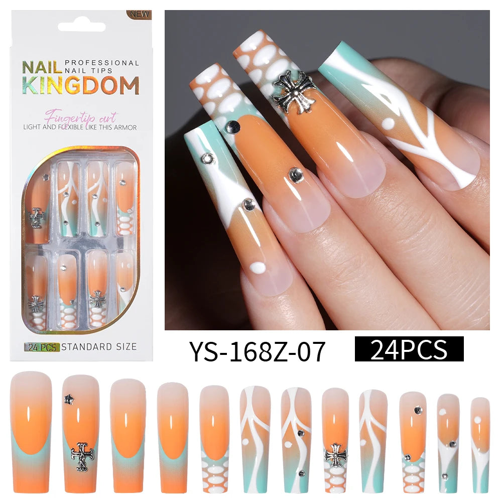 Private Label Wholesale Custom 24pcs French Style Press on Nail Long Square Rhinestone Luxury Press on Nails With Diamond
